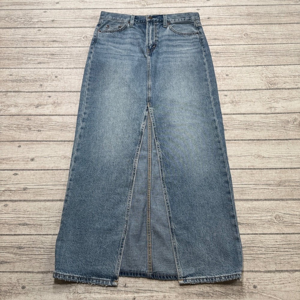 Levi's Premium Maxi Skirt Women's 30 Blue Denim Front Slit Long Medium Wash Boho